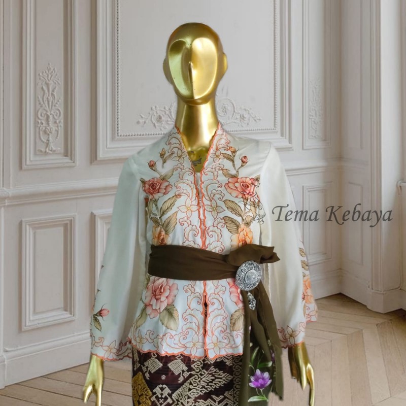 Kebaya Lukis Bunga Mawar - Rayon - Putih